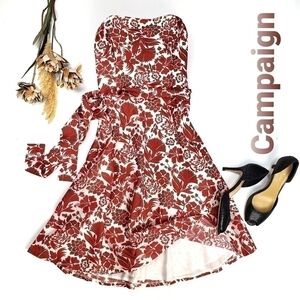 🔴 Campaign Brown Red Floral Belted Strapless Dress Size 6